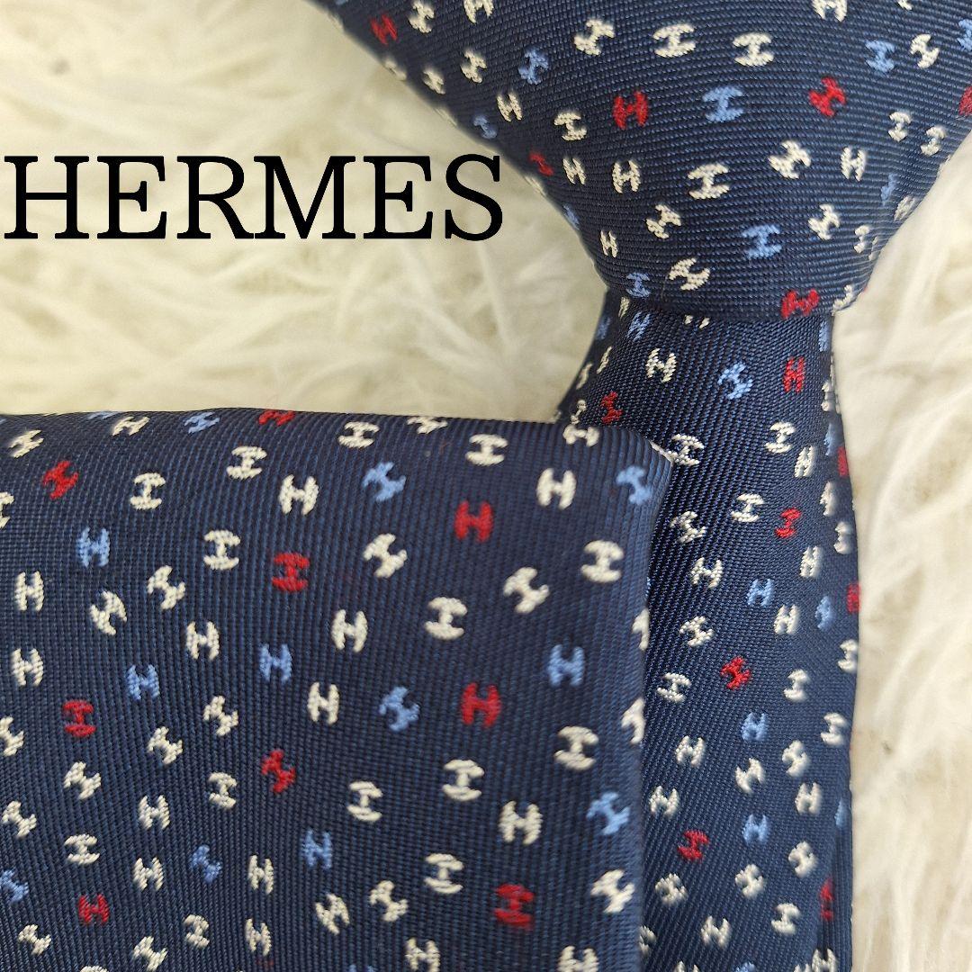 美品◎HERMES エルメス ネクタイ イッツレイニング H柄 ネイビー 現行 HERMES（エルメス） ネクタイ TIE メンズ フランス製 シルク H柄