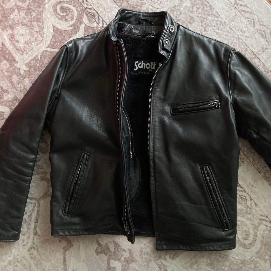 Schott ブラック レザー シングルライダースジャケット 42 Schott N.Y.C（ショット） レザージャケット ライダース 「Women's