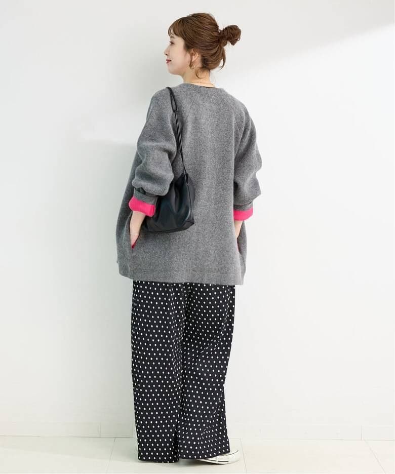 simplicite 2層スムース編みロングカーディガン グレーピンクフォックス