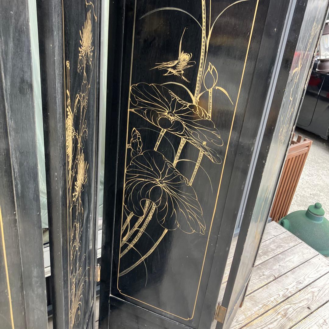 中国骨董 螺鈿細工 女性 古典画装飾彫り 木製 4連パーテーション 衝立