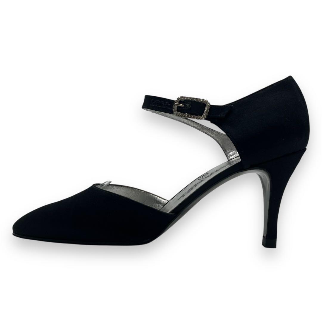 美品□シャネル サテン地 パンプス ブラック ココマーク アンクル