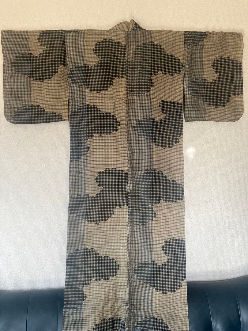 高級、越後片貝】貴重な細かなチェックの織模様、小千谷縮、時代物