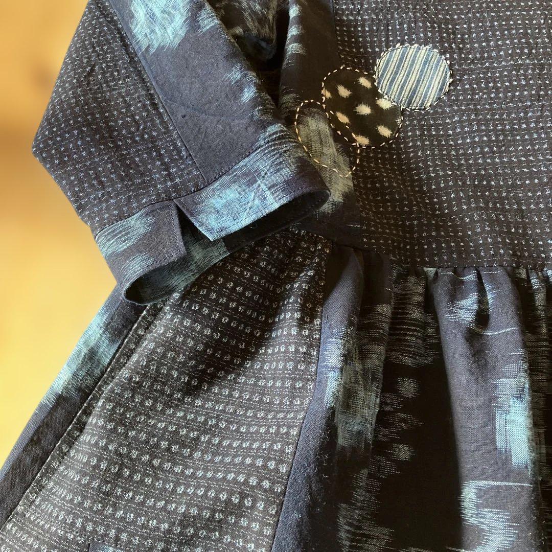 絣リメイク Mサイズ刺し子＆アップリケ シンプルワンピース ギャザー