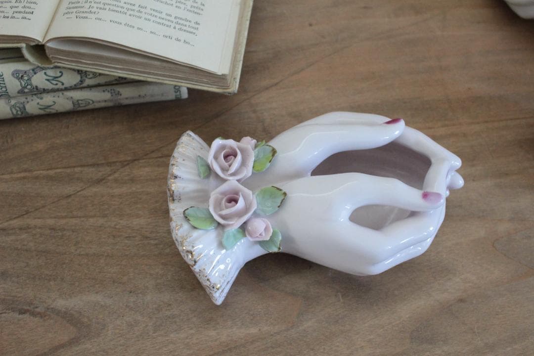 【D】バラ・レフトンのハンドモチーフ/Lefton Porcelain Lefton 白い手にピンクのバラのポーセリンハンドプランター