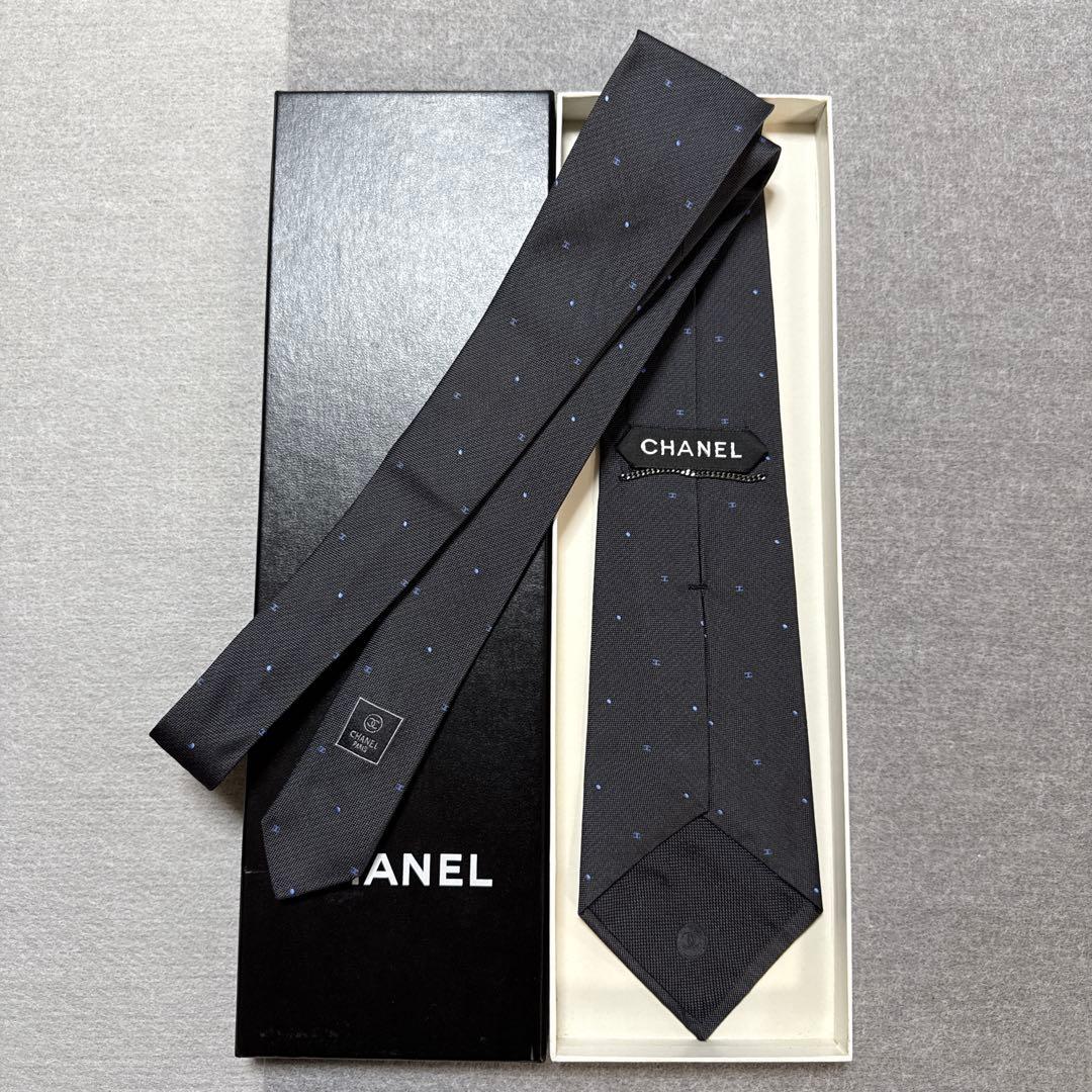 美品 シャネル ネクタイ グレー CCココマーク チェーン付 シルク