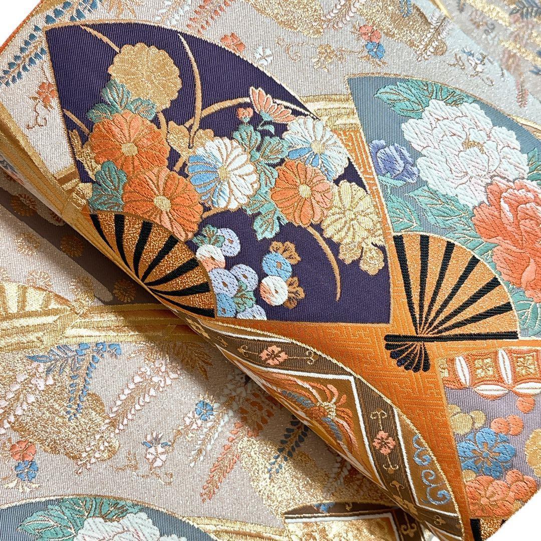 A 204袋帯 六通華文柄 九百錦 扇橋能衣文 金銀糸 花柄 正絹 着物