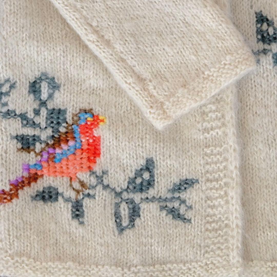 70s ユーロ ヴィンテージ クリーム色 ニット 古着 鳥刺繍 手編み 民族