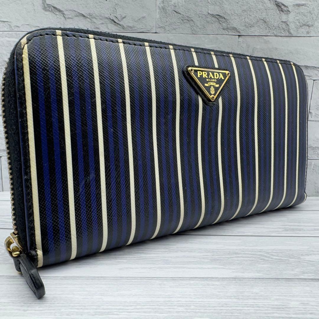 【激レア・美品】プラダ　ラウンドファスナー　三角ロゴ　サフィアーノ　ストライプ PRADA プラダ 長財布 ラウンドファスナー サフィアーノ レザー 三角