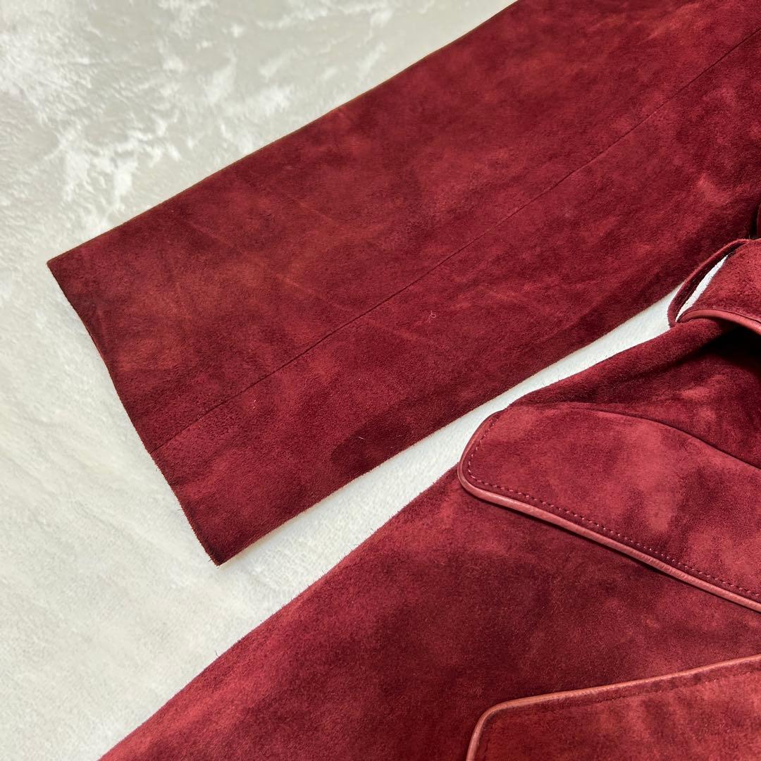 本牛革 ファー付きスウェードコート 赤 バーガンディ ベルト付きロング 11