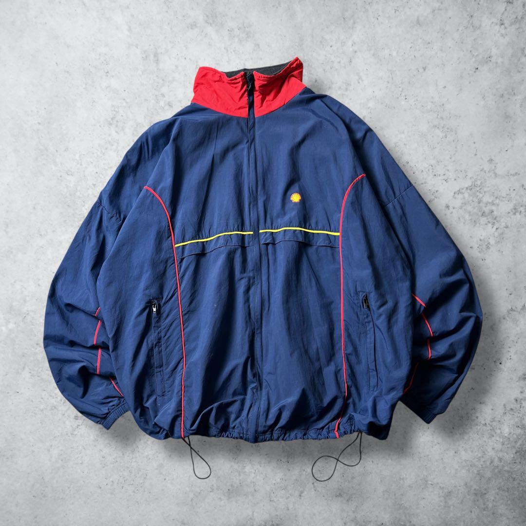 90sヴィンテージウォームアップジャケット企業ロゴシェルネイビーXL