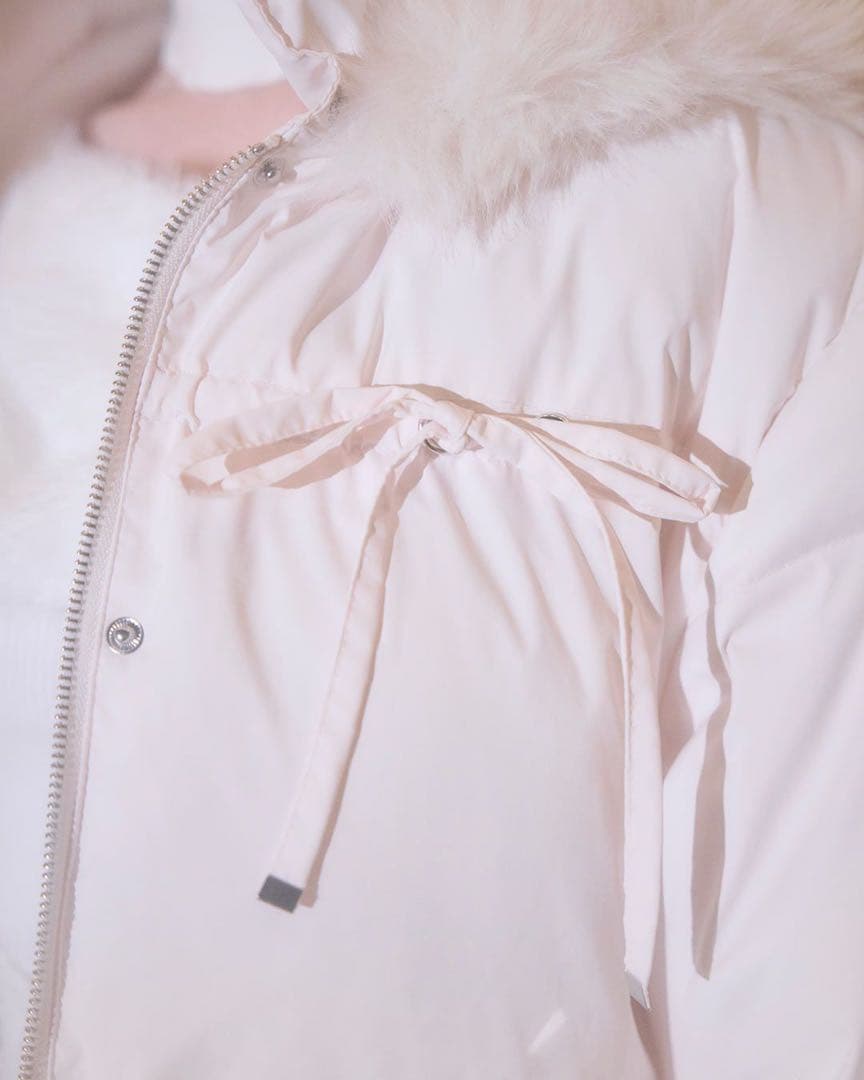 新品タグ付 ミシェルマカロン ピンク フリー ファーフードリボンダウン