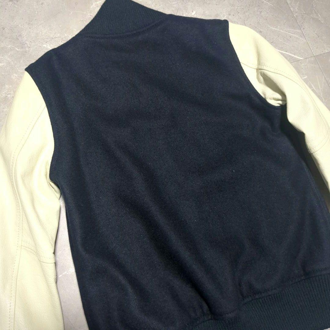 Q♡ キュー スタジャン ネイビー ラムレザー切替 ワッペン - メルカリ