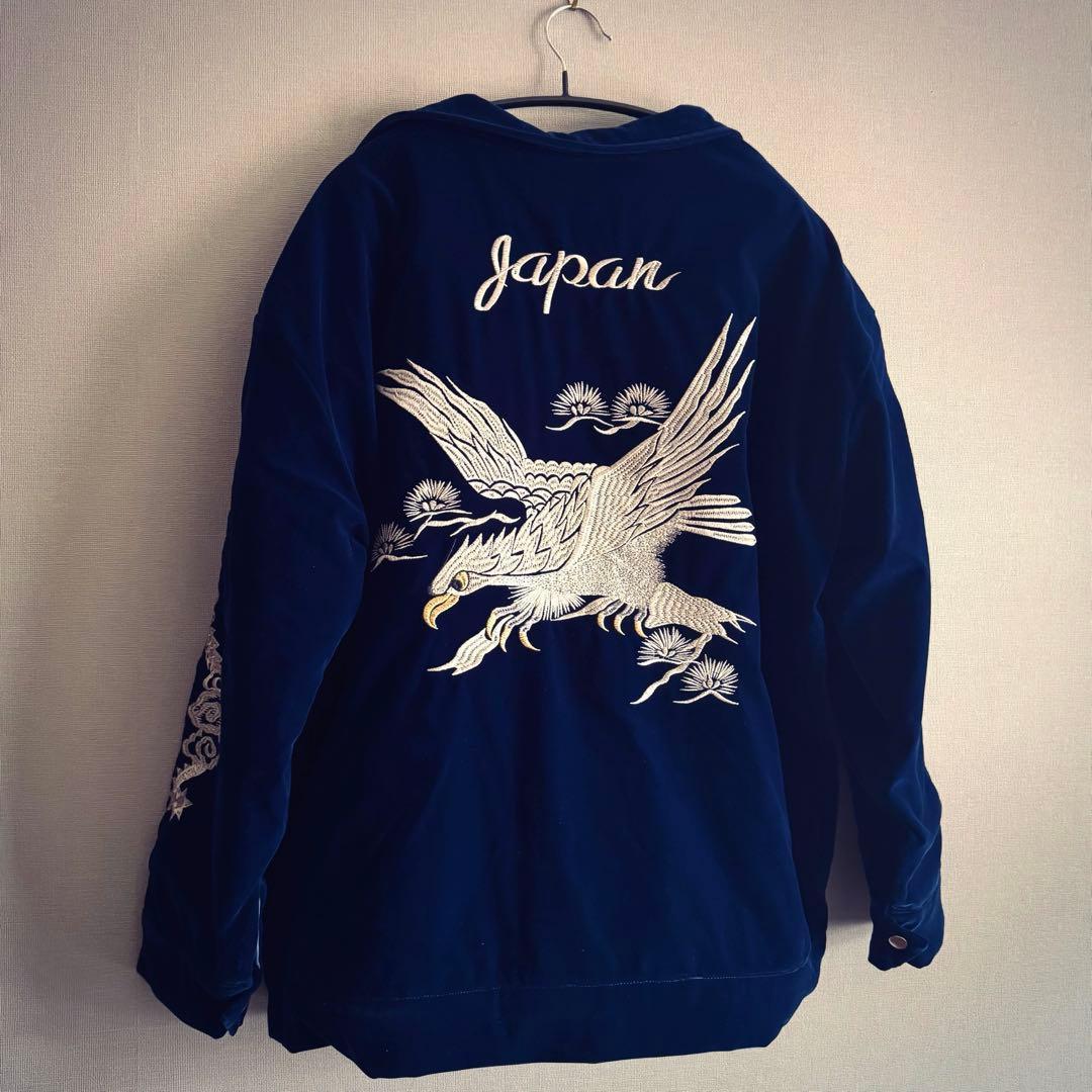 50s復刻 ベルベットスーベニアジャケット 刺繍ドラゴン鷲 ネイビーXL