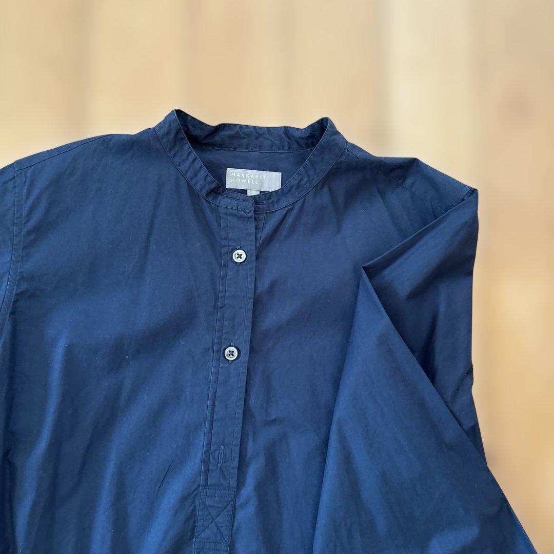 MARGARET HOWELL 貴重Lサイズ ネイビー バンドカラー長袖シャツ - メルカリ