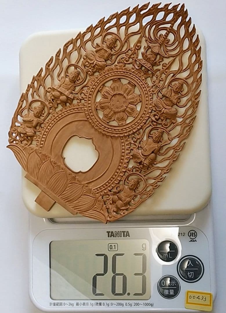 光背(2.5寸坐像用)#433 透し彫 奏楽飛天 宝塔 ◇白檀 木彫 仏像付属品