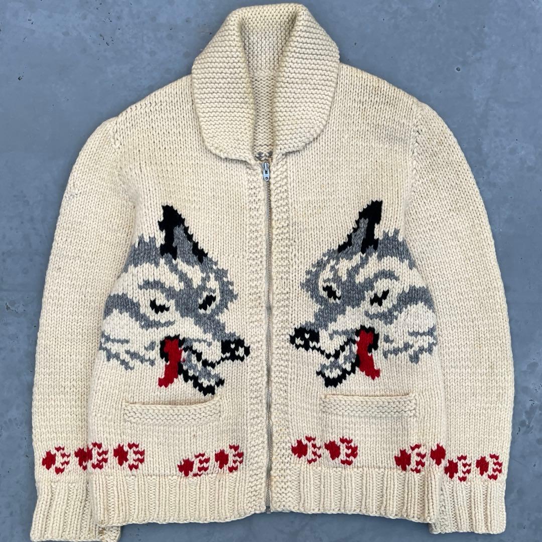 60s ウルフ 狼 カウチンセーター カーディガン ニット 50s
