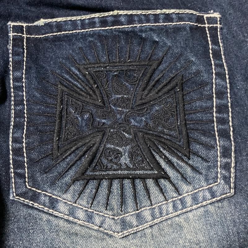 BLACK FLAME☆背スカル&ロゴ刺繍 ヴィンテージ デニムツナギ 15.5