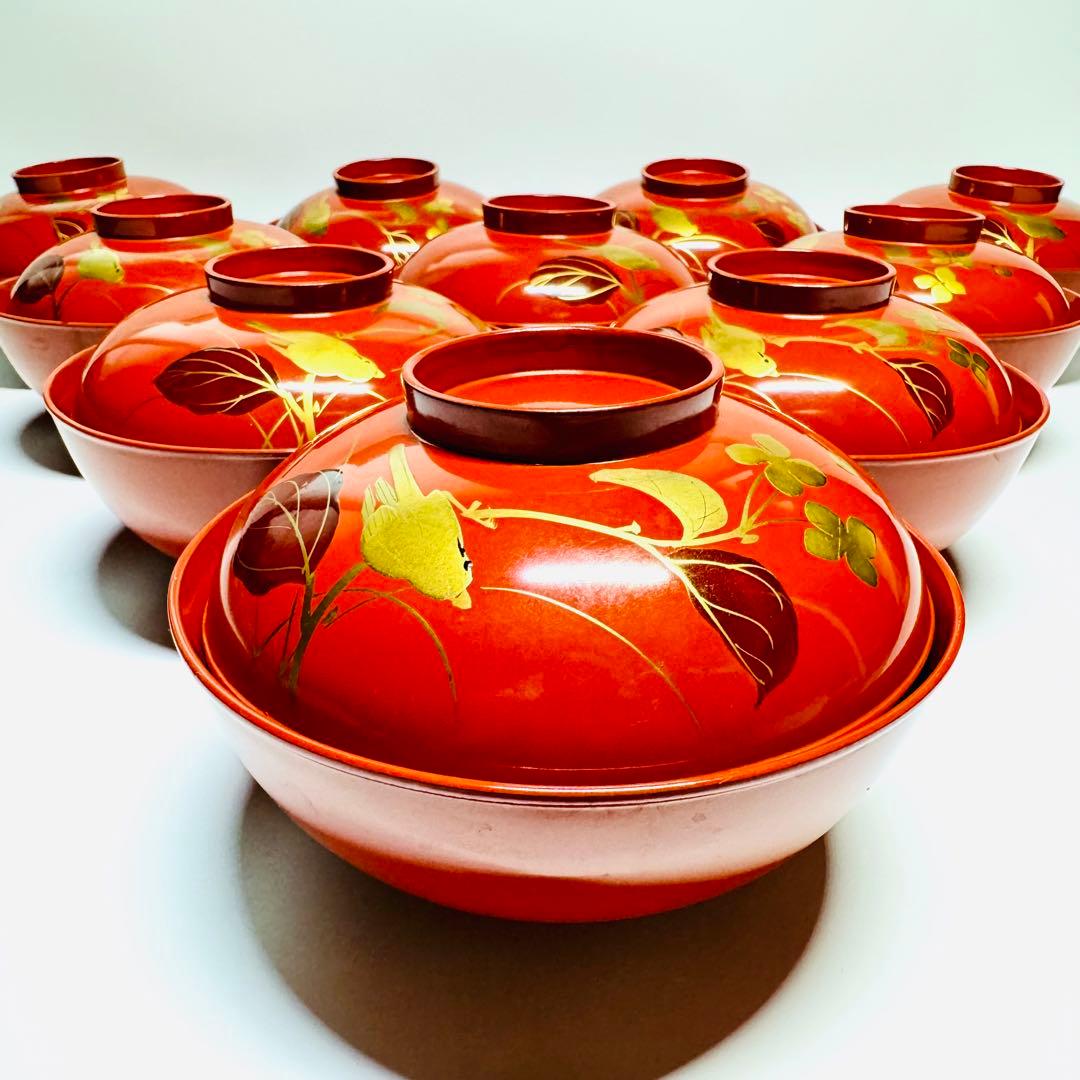 漆器 輪島塗 金蒔絵 鳥花絵 木製 朱 蓋付椀 お煮物椀 吸物椀 10客 骨董