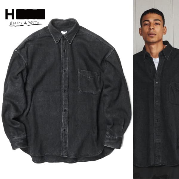 H BEAUTY&YOUTH 厚手 オーバーサイズ フェード デニムシャツ M オーバーサイズ デニムプルオーバーシャツ - ライトデニムブルー