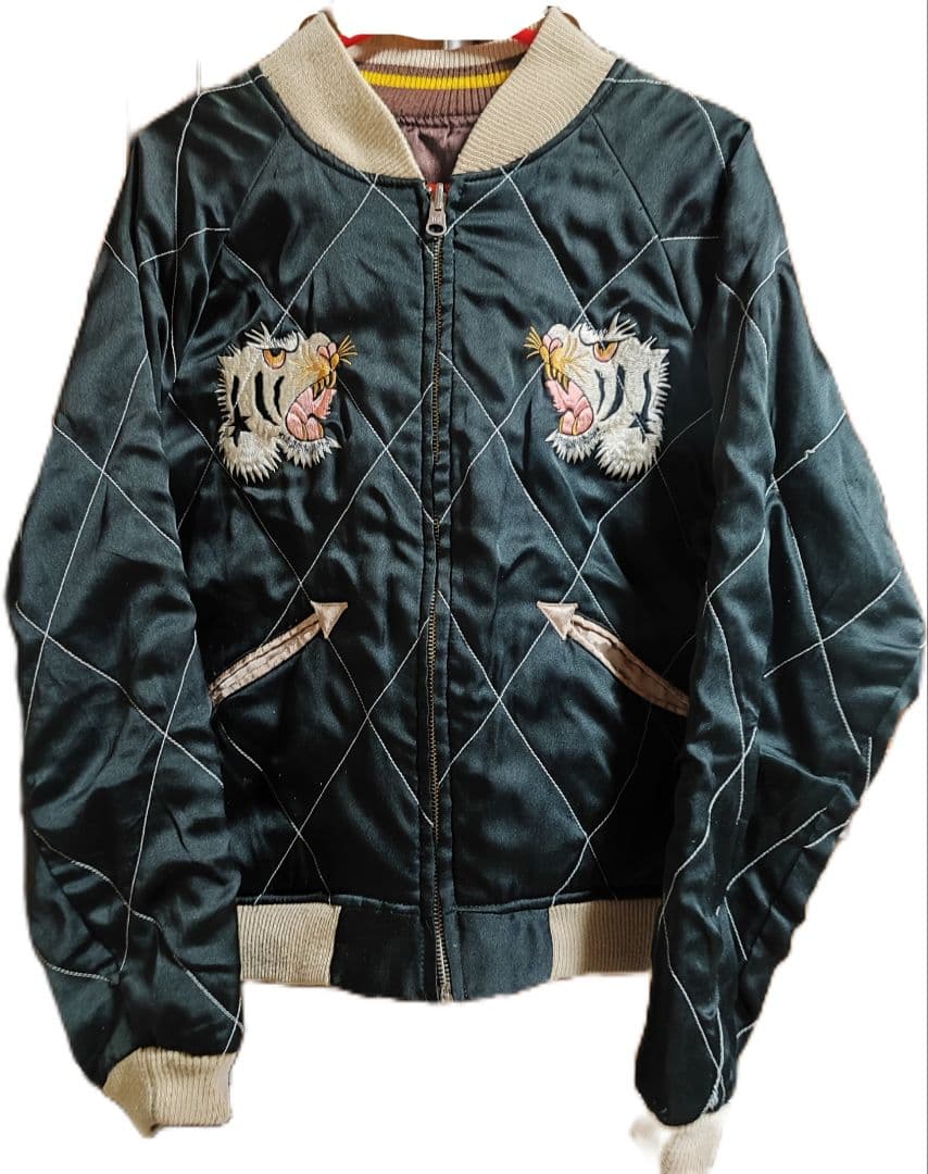 90s 回転式YKKジップ ビンテージスカジャン] 白虎×龍×日本地図 中