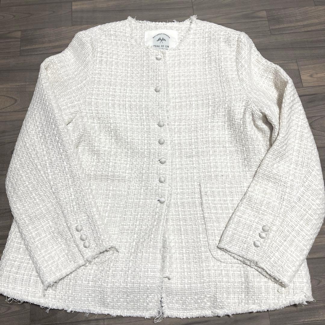 美品‼️ピュアルセシンアイボリー ノーカラーツイードジャケット