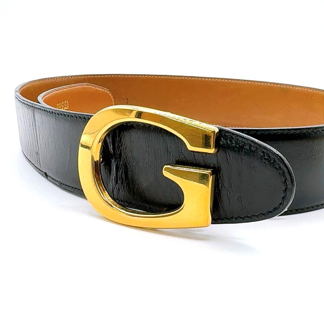 GUCCI グッチ Gロゴ金具 ベルト ブラック×ゴールド ヴィンテージ レザー