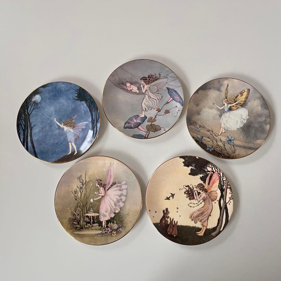 カ*草様  WORCESTER ロイヤルウースター　妖精シリーズ　5枚 ロイヤルウースター Worcester Herbs ブルー＆グリーン2枚セット