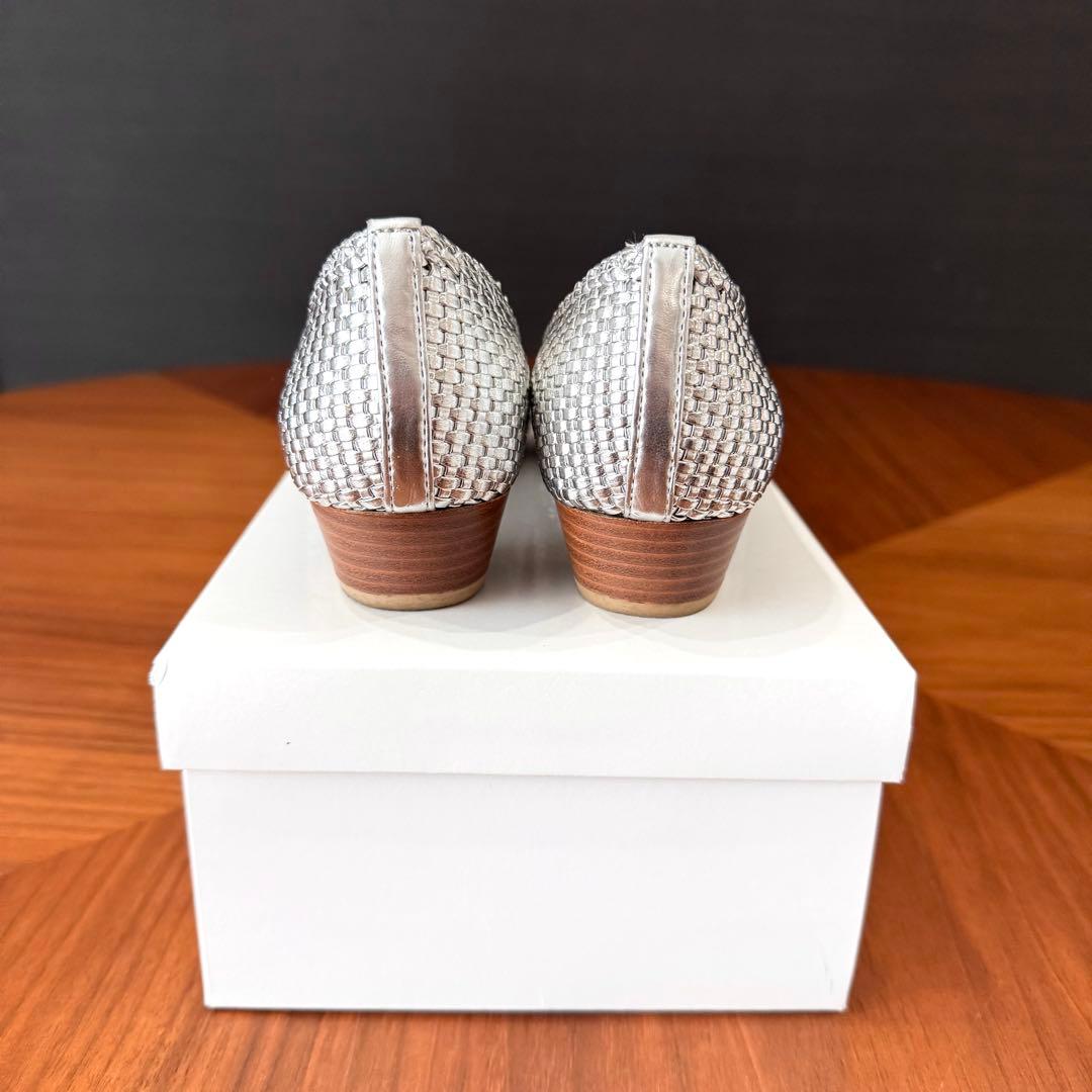 試着のみ DIANA 編み上げポインテッドトゥフラットパンプス シルバー