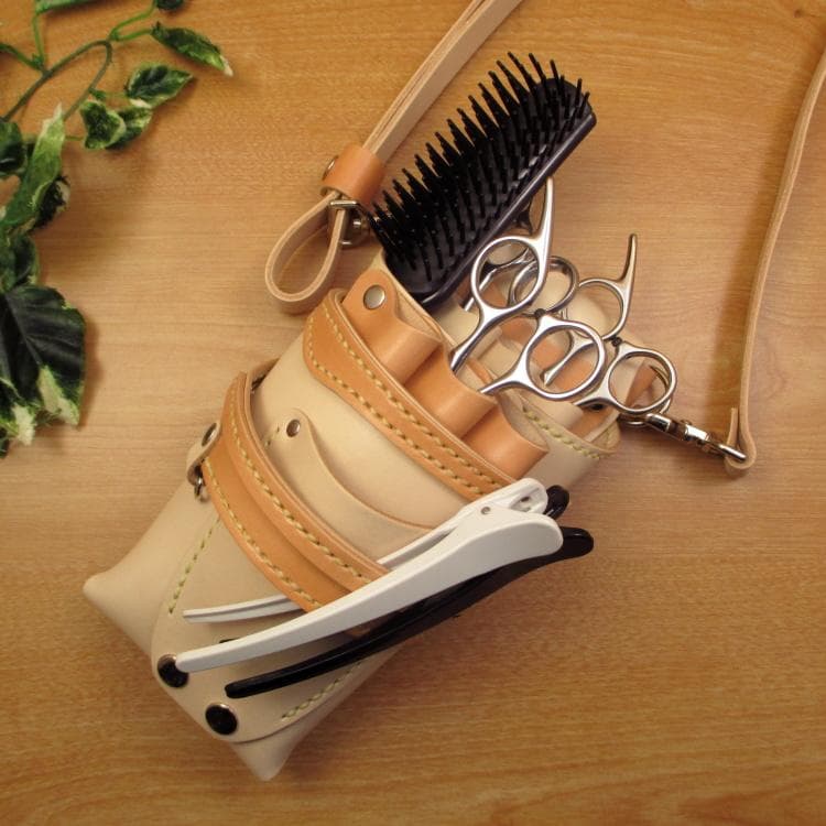 ヌメ革ナチュラル&うす茶色 6丁 革ベルト付 シザーケース SCL-154/NC