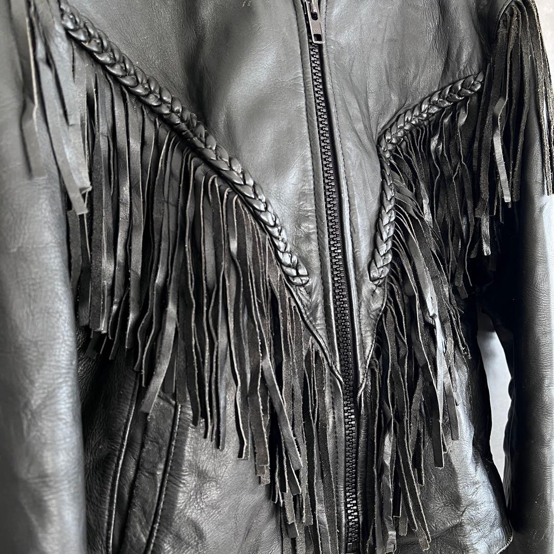 古着 本革フリンジライダースジャケット ヴィンテージ レザー ブラック