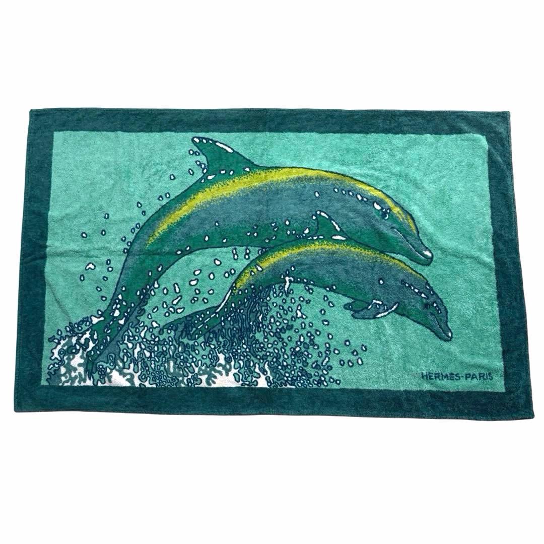 ⭐️良品⭐️ エルメス ビーチタオル イルカ マット グリーン エルメス ビーチタオル コットン グリーン タラサ ボート AP100748