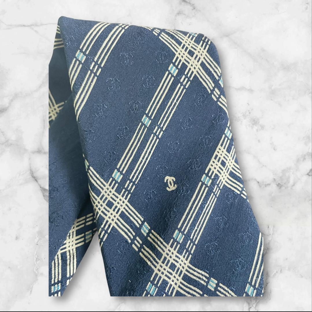 CHANEL ネクタイ チェック柄 ネイビー系 ココマーク フランス製 - メルカリ