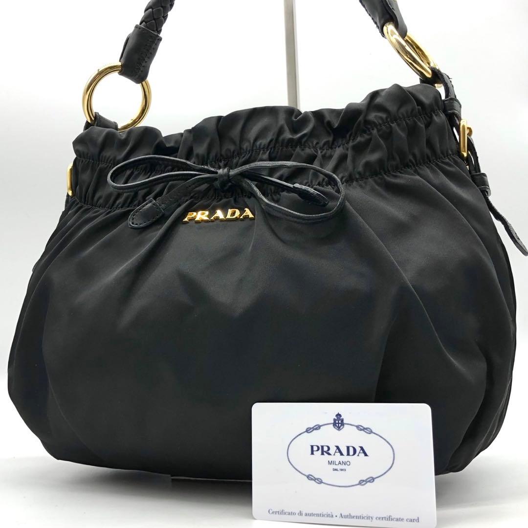 ✨美品✨プラダ ワンショルダーバッグ ロゴ金具 ハンドル編み込み ナイロン 黒 PRADA（プラダ） トライアングルロゴ ホーボー ワンショルダーバッグ