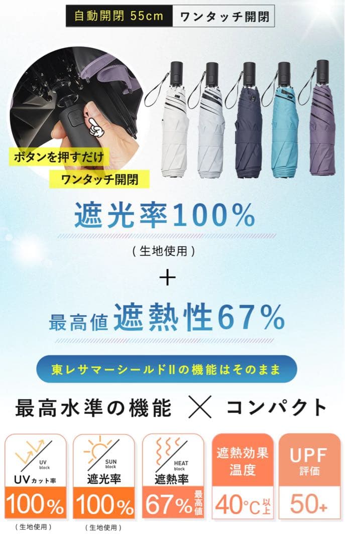 COKAGE+ACTIVE自動開閉55cm晴雨兼用 遮熱軽いPowderBlue - メルカリ