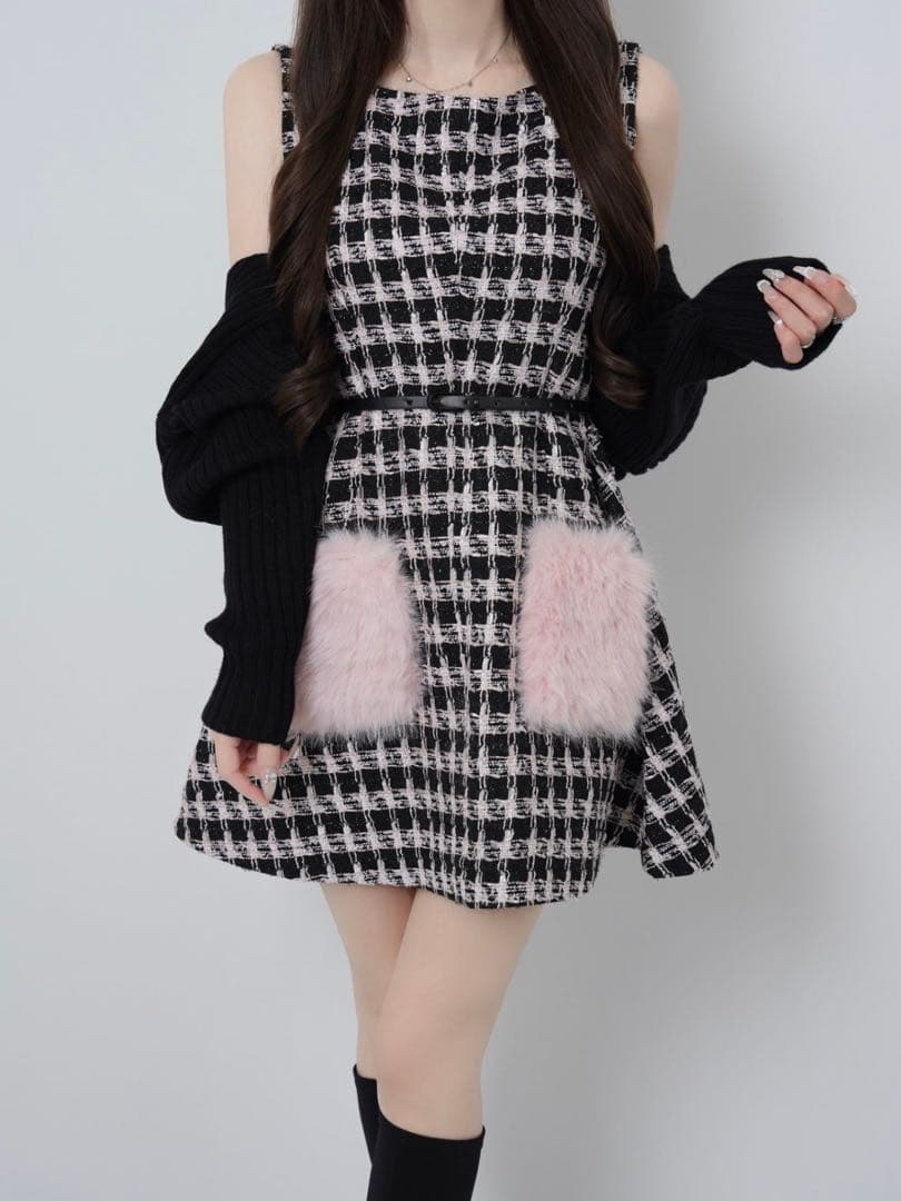 ルミニョン lumignon ツイードポケットファーワンピース 千鳥柄 - メルカリ