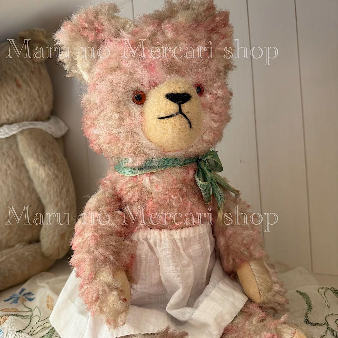 アンティーク ドイツ ピンクのベア グリーンリボン アンティークベア