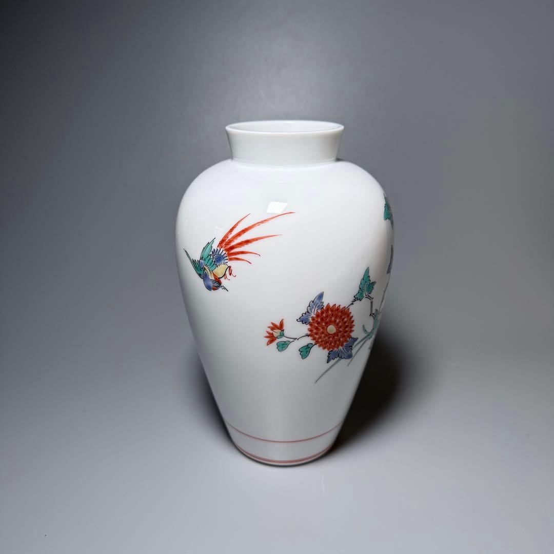 人間国宝 十四代 酒井田 柿右衛門 錦 花鳥図 花瓶 共箱 栞 高19cm 本物