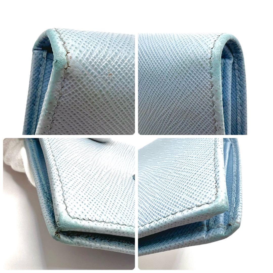 美品/現行✨プラダ 二つ折り財布 三角ロゴ レザー RFID ライトブルー