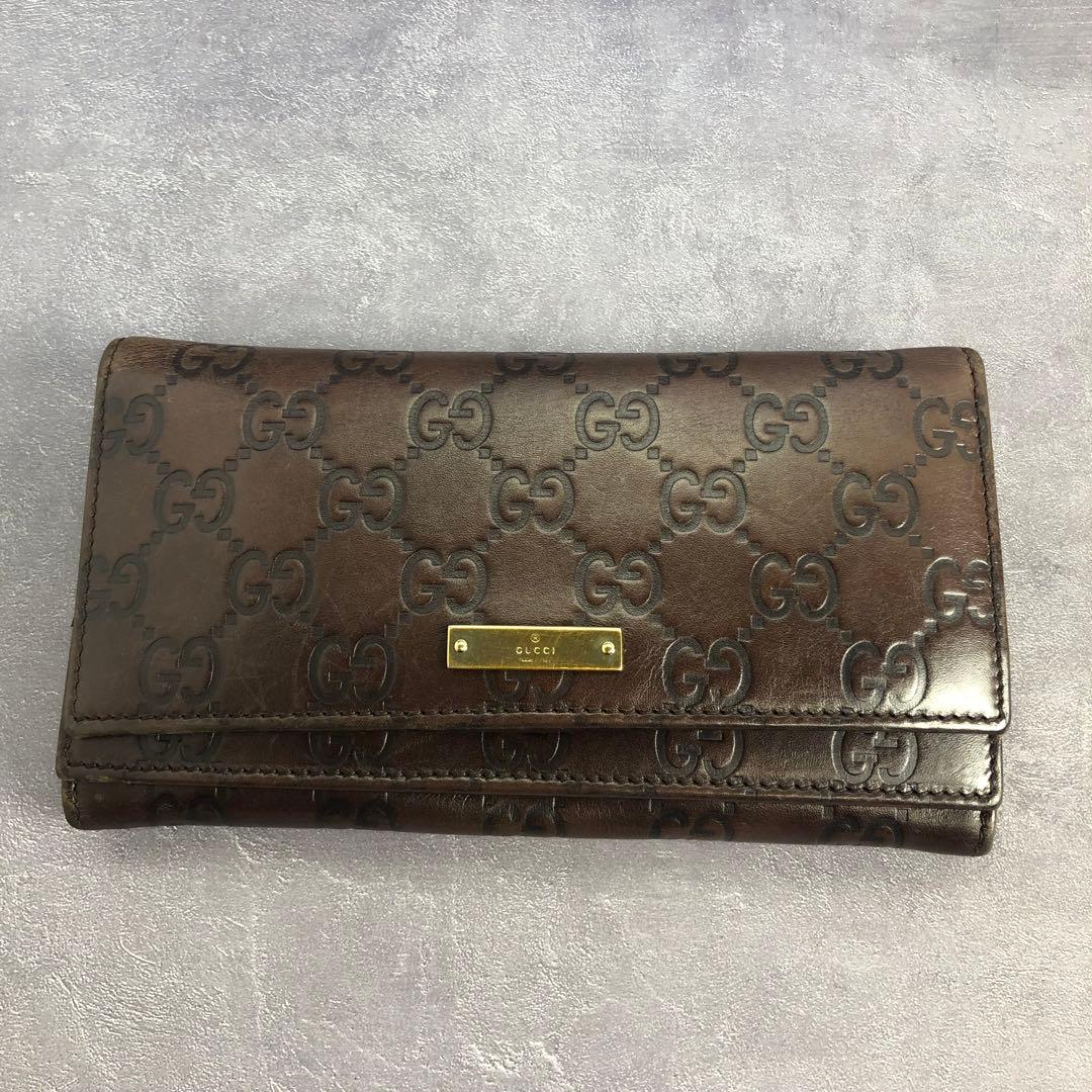 希少 GUCCI グッチ 長財布 シマレザー ダークブラウン GG 二つ折り財布