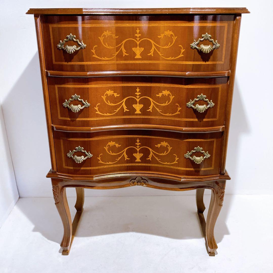 イタリア製 アンティーク 象嵌細工 猫脚 3段チェスト イタリア 3段 チェスト 茶 87cm 象嵌 ロココ調 家具 猫脚 丸脚 完成品