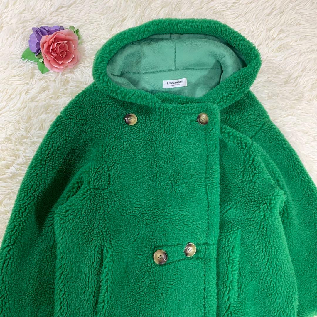 美品ꕥリナージオ ボアコート フーデットコート ウール混 グリーン M