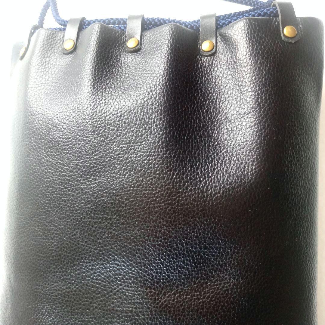 未使用に近い/レザー巾着/信玄袋//ブラック】