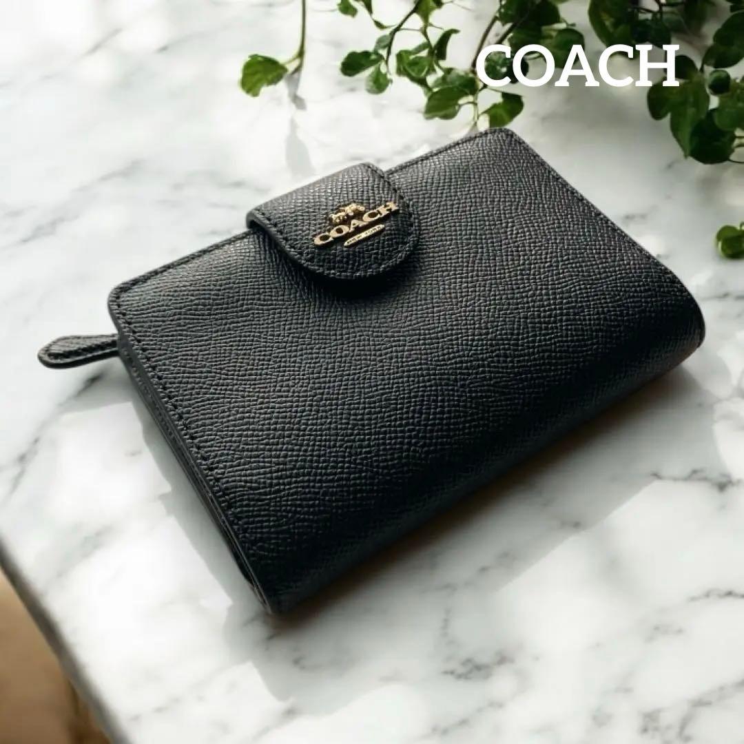 COACH コーチ　2つ折財布黒　ゴールド金具馬車ロゴ コーチ COACH 財布 レディース 二つ折り財布 ホースキャリッジ 馬車