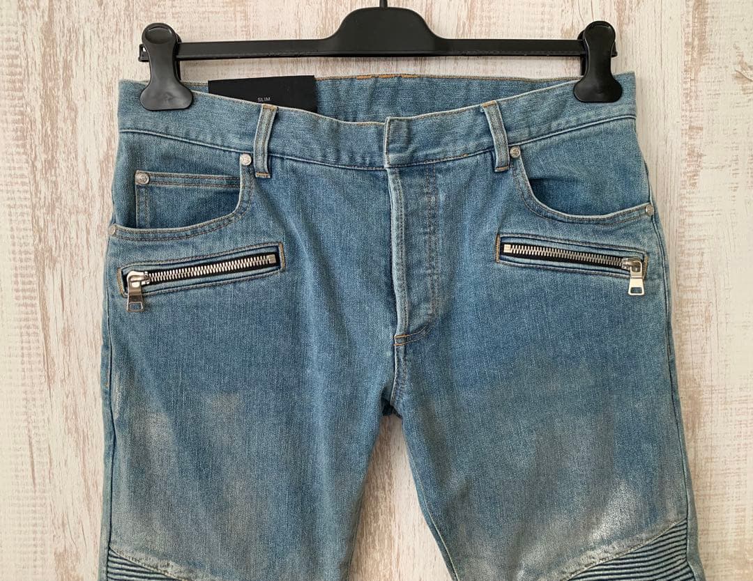 BALMAIN バルマン Biker ZIP シルバー ペイントデニムジーンズ - メルカリ