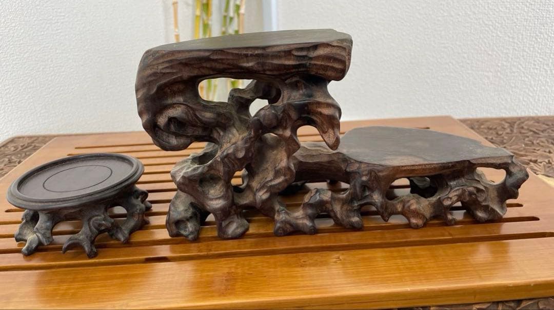 E】天然木 唐木 根卓 根台 花台 香炉台 飾台 盆景台 茶道具 2個セット