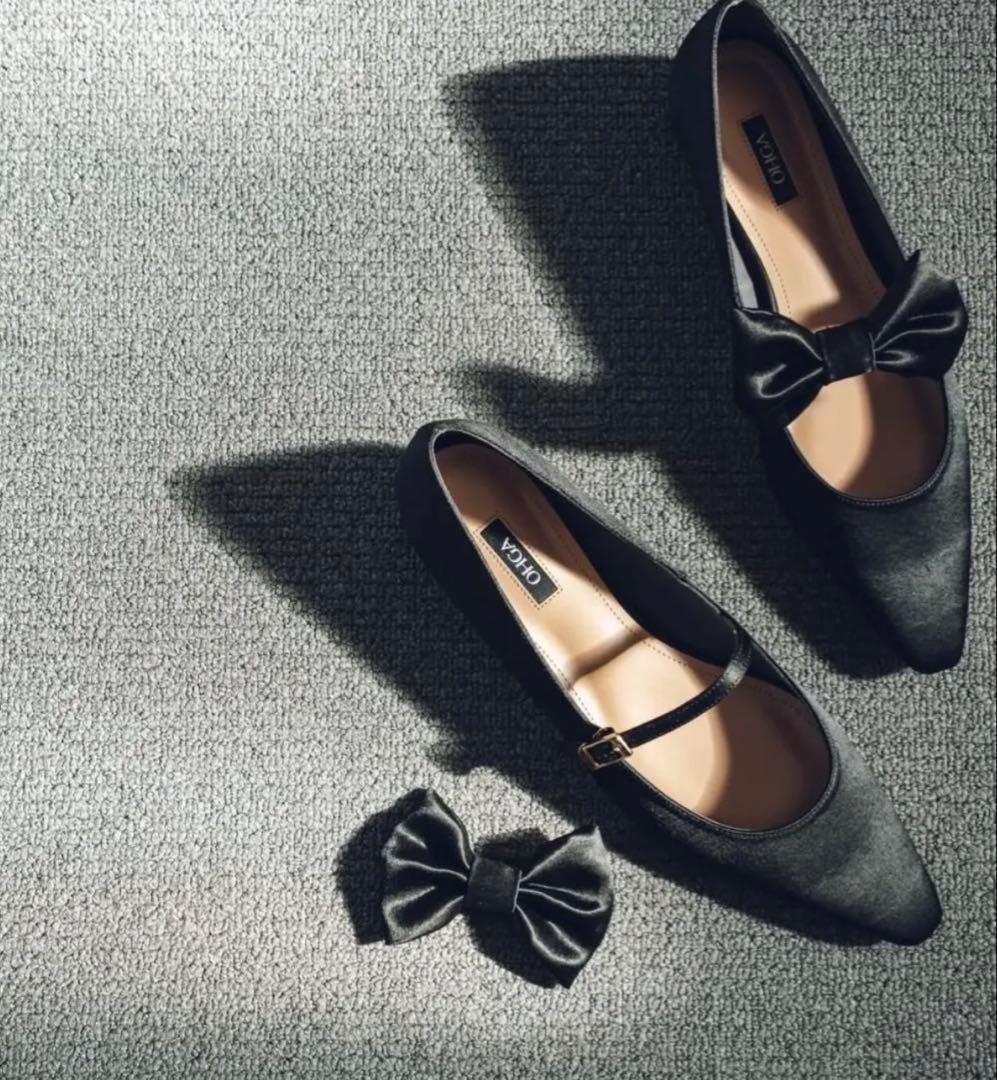 OHGA オーガ サテン リボン パンプス ブラック 23.5 靴 シューズ