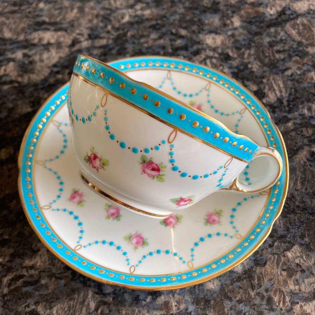 ミントン　アンティーク アンティーク ミントン 花文 トルコブルー 金彩 カップ＆ソーサー 1800