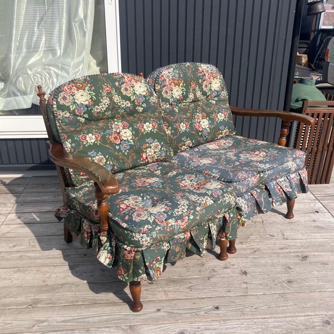 ヴィンテージ 飛騨産業 キツツキ 木製フレーム 花柄2人掛けソファー