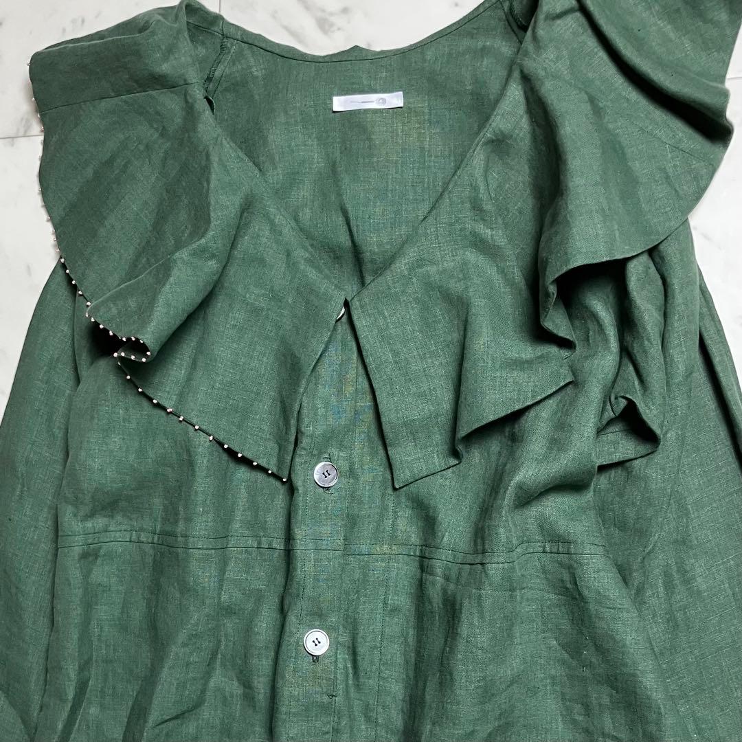 nuno.ヌーノ泉谷恭子 フリル リネン ビックカラー グリーン サロペット