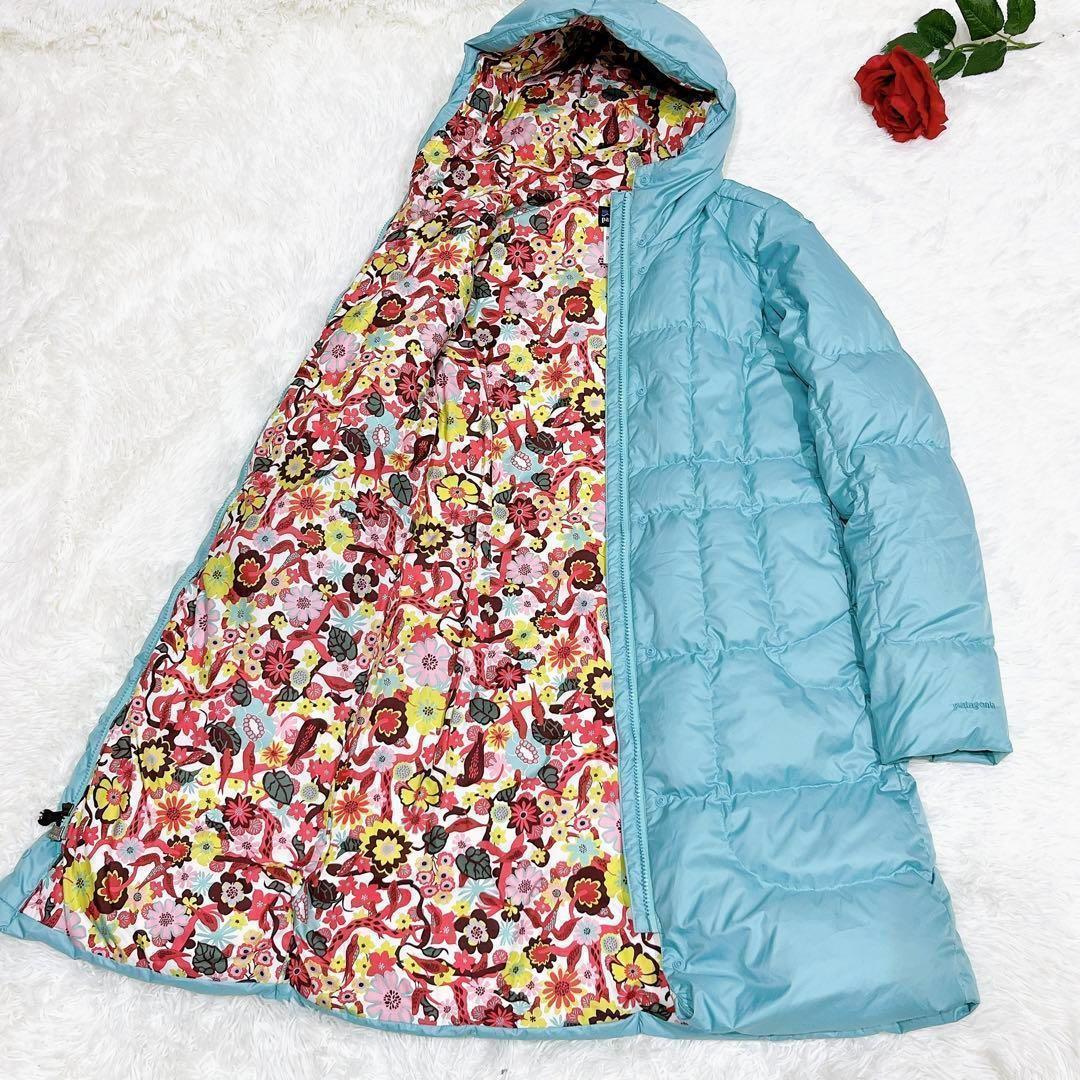 極美品✨ パタゴニア ダウンコート ロング 水色 柄 鳥 ダウン